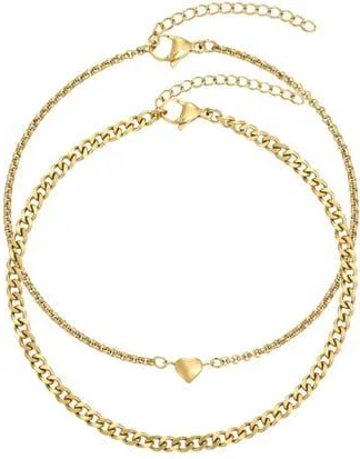 Adornia Set of 2 Tarnish Resistant 18K Gold Plated Heart & Curb Chain Anklets at Nordstrom Rack