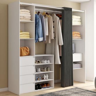 IDMarket Xxl Meryl 120/180 Cm Blanco Armario Doble Extra&iacute;ble Con Cajones + Estantes + Espacio Para Colgar + Cortina Gris