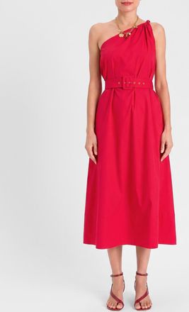 Twinset One-Shoulder Cotton Midi Dress with Adjustable Belt