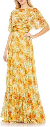 Mac Duggal Floral Print High Neck Cape Sleeve A Line Gown in Yellow Multi at Nordstrom, Size 24
