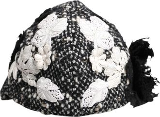 Dolce & Gabbana Zwart Wol Witte Bloem Versierde Cloche Hoed