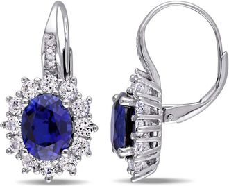 Amour Halo Diamond and 8.06 CT TGW Created Blue and White Sapphire Leverback Earrings In Sterling Silver