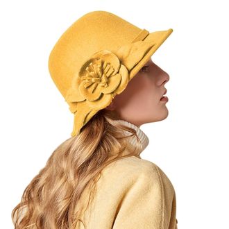 Generic Womens Wool Cloche Hat 1920s Winter Bucket Hat Vintage Church Elegant Flower Vintage Cloche Bucket Winter Hat with Bow Knot and Flower Yellow