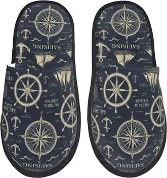 Generic Non-Slip Cotton Slipper Retro Sailing Fluffy Slipper Comfortable Womens Slippers for Bedroom Travel Hotels M
