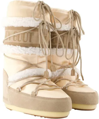 Moon Boot Womens Icon Pearly Plus Boots - Moon Leather Beige Cowhide Shoes