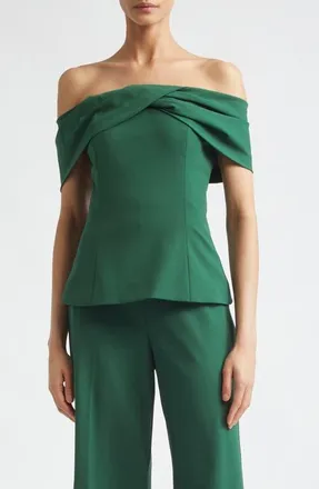 Carolina Herrera Draped Off the Shoulder Stretch Virgin Wool Top in Racing Green at Nordstrom, Size 10