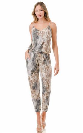 Ariella Snakeskin Print Jumpsuit In Black/tan/ivory