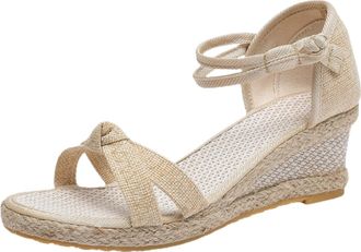 Generic Women Summer Weave Breathable Elastic Band Open Toe Bow Sandals Comfortable Beach Non Slip Casual Footwear (Beige, 4.5)