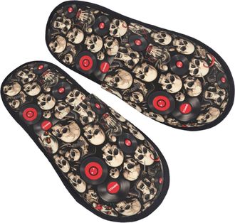 Generic Hotel Slippers Rock Record Skull Soft Fuzzy Slippers Breathable Anti-Slide Slipper For Guest Room Men Home M