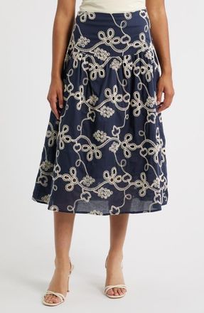 CeCe by Cynthia Steffe Embroidery Flounce Cotton Skirt in Night Shade at Nordstrom, Size Medium