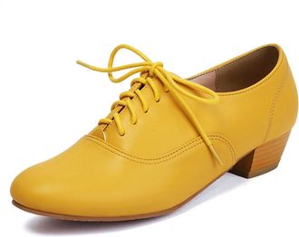 Generic Women Lace Up Dance Oxfords Black White Yellow Round Toe Low Block Heel Adjustable Laces Stitched Detail Cushioned Insole Flexible Sole,Yellow,7.5 UK