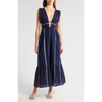 Lemlem Lelisa Plunge Cotton Cover-Up Maxi Dress in Nunu Navy at Nordstrom Rack, Size Large