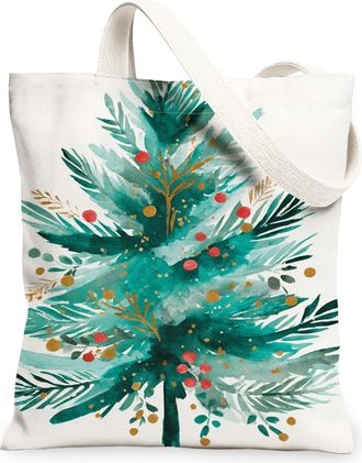 Generic Christmas Tree Canvas Tote Bags, Artistic Floral Pattern Reusable Grocery Bags, Vintage Lightweight Washable Shoulder Strap, Green, 13x15 Inch