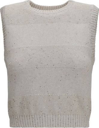 Brunello Cucinelli Womens Vest Knit Sequin Oatmeal Cotton Knitwear Sweater