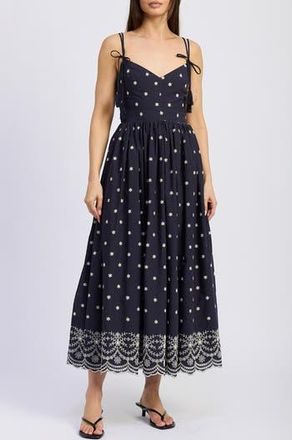 En Saison Nara Embroidery Detail Cotton Midi Sundress in Navy Natural at Nordstrom Rack, Size X-Small