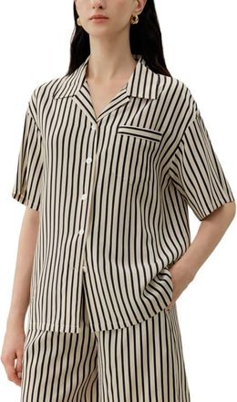 LilySilk Womens Striped Silk Cuban Collar Shirt in Ink Stripe at Nordstrom, Size X-Small
