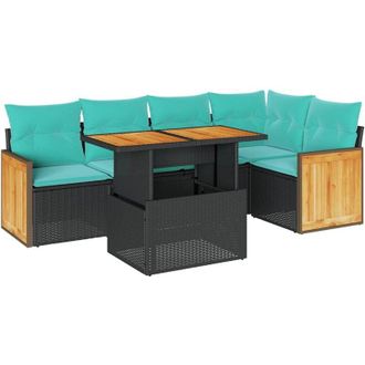 vidaXL 6 Piece Garden Sofa Set with Cushions Black Poly Rattan Acacia vidaXL