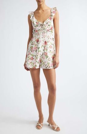 Alice & Olivia Gema Floral Print Eyelet Romper in Garden Gossip Off White at Nordstrom, Size 12