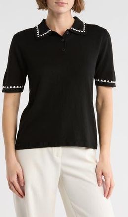 Adrianna Papell Collar Short Sleeve Sweater in Black/Cream at Nordstrom Rack, Size X-Small
