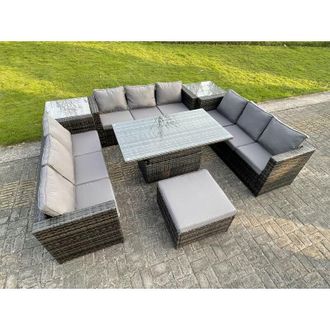 Fimous U Shape Rattan Gardern Furniture Dining Sofa Set Adjustable Rising Dining Table With 2 Side Coffee Table Extra Big Footstool - Fimous