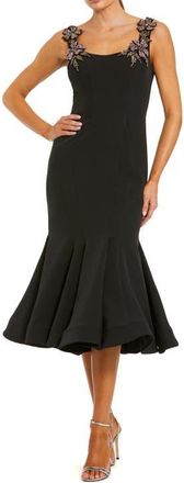 Mac Duggal Floral Appliqu&eacute; Strap Crepe Trumpet Midi Dress in Black at Nordstrom, Size 14