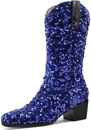 Generic Womens Sequins Sparkly Western Cowgirl Boots Pointed Toe Chunky Heels Mid Calf Pull On Wedding Party Performance Shoes (5.5,Blue)
