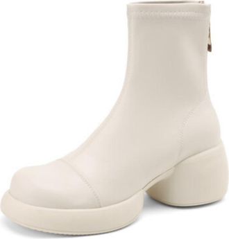 Generic Womens PU Leather Chelsea Boot with Side Zipper Round Toe Short Boots Chunky Heel Platform Boots,Beige,6.5 UK