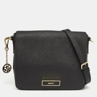 DKNY Dkny Black Leather Logo Flap Shoulder Bag