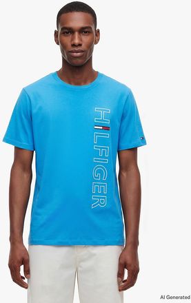 Tommy Hilfiger Mens Vertical Hilfiger Logo T-Shirt - Deep Sky Blue - XS