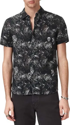 John Varvatos Sean Leaf Print Short Sleeve Linen Button-Up Shirt in Black at Nordstrom, Size X-Large