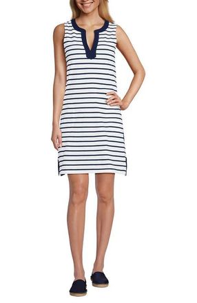 Lands End Cotton Jersey Notch Neck Dress with Soutache in Navy/white Breton Stripe at Nordstrom, Size Large