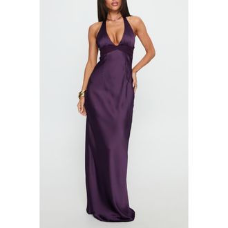 Princess Polly Odyssa Satin Halter Gown in Purple at Nordstrom, Size 10