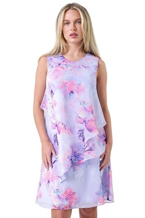 Roman Womens Petite Floral Print Tiered Chiffon Dress - Purple - Size 14 UK