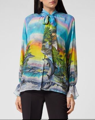 Philipp Plein Silk Chiffon Shirt Hawaii Women in Turquoise at Nordstrom, Size X-Small