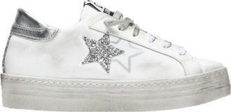 2Star Glitter Zilver Wit Leren Sneakers - Dames - Sneakers - Wit - 40 EU - Leer - Schoenen