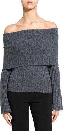 Theory Off the Shoulder Bell Sleeve Merino Wool Blend Sweater in Charcoal at Nordstrom, Size Petite
