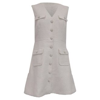 Self Portrait V-Neck Tweed Mini Dress in White Polyester