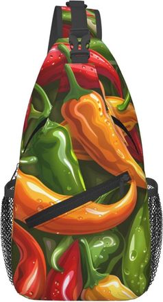 Generic Red, Yellow And Green Peppers Sling Bag Trendy Cross Body Bag Anti Theft Sling Backpack For Camping Casual Women