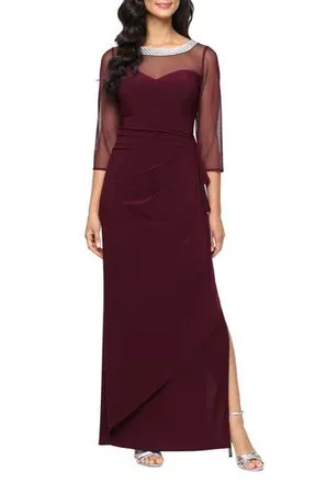Alex Evenings Illusion Embellished Detail Jersey Gown in Fig at Nordstrom Rack, Size 10