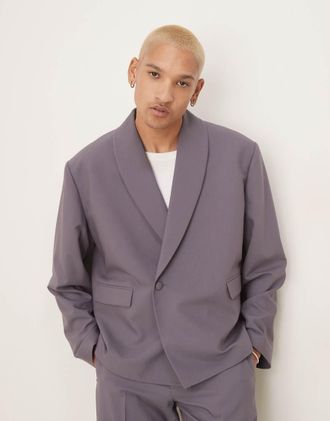 Asos double breasted wrap boxy tuxedo suit jacket in purple-Gray