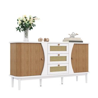 STILVORA Aparador Con 2 Puertas, 3 Cajones De Rat&aacute;n Y Estantes Regulables, Bordes Redondeados, 140,5&times;40&times;76 Cm, Blanco
