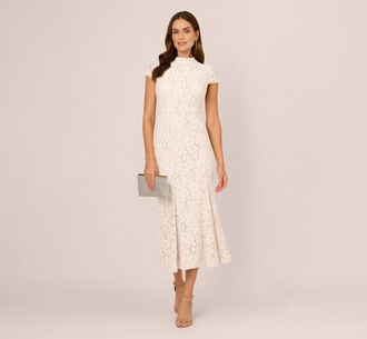 Adrianna Papell Cap Sleeve Lace Midi Dress In Ivory Nude