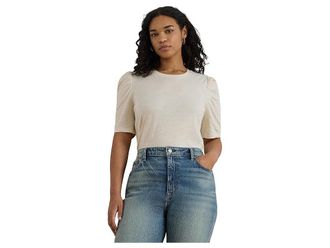 Lauren Ralph Lauren Plus Size Slub Jersey Puff-Sleeve Top Womens Clothing Mascarpone Cream : 1X, Cotton