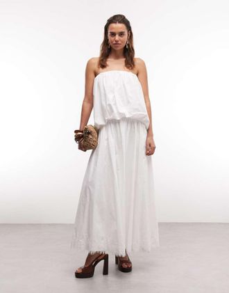 Asos Vestito lungo a fascia in popeline bianco con fondo in pizzo ricamato-Arancione