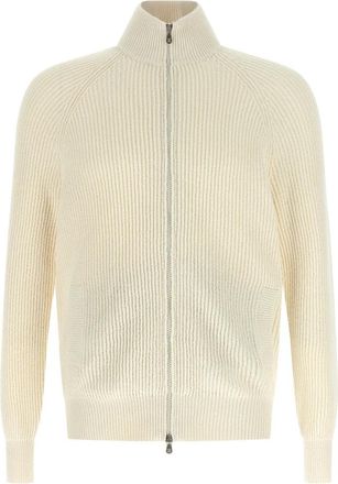 Brunello Cucinelli Engelse Half-rib Gebreide Katoenen Gaas Cardigan - Heren - Vesten - Wit - M - Katoen - Truien & Vesten