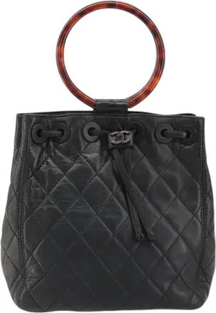 Chanel Vintage Resin Handle Drawstring Bucket Bag Quilted Lambskin Black Leather Handbag (Pre-Owned)