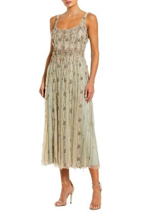 Mac Duggal Embellished Mesh Sleeveless Scoop Neck Midi Dress in Light/pastel Green at Nordstrom, Size 18