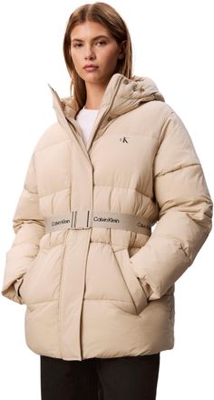 Calvin Klein Jeans Womens BELTED MIDWEIGHT PUFFER LV047D507G Jackets, Brown (Island Fossil), XXS