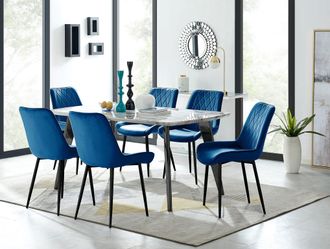 Furniturebox Andria White Marble Effect & Black Leg 6 Seater Dining Table & 6 Pesaro Soft Velvet Chairs in Navy