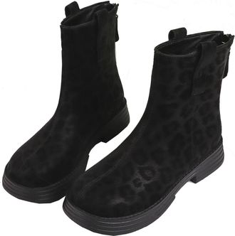 Generic Womens Ankle Boots, Leopard Print Womens Chunky Heel Round Toe Boots with Back Zipper, Retro Mid-Height Booties for Winter Casual Wear (Black,6.5)